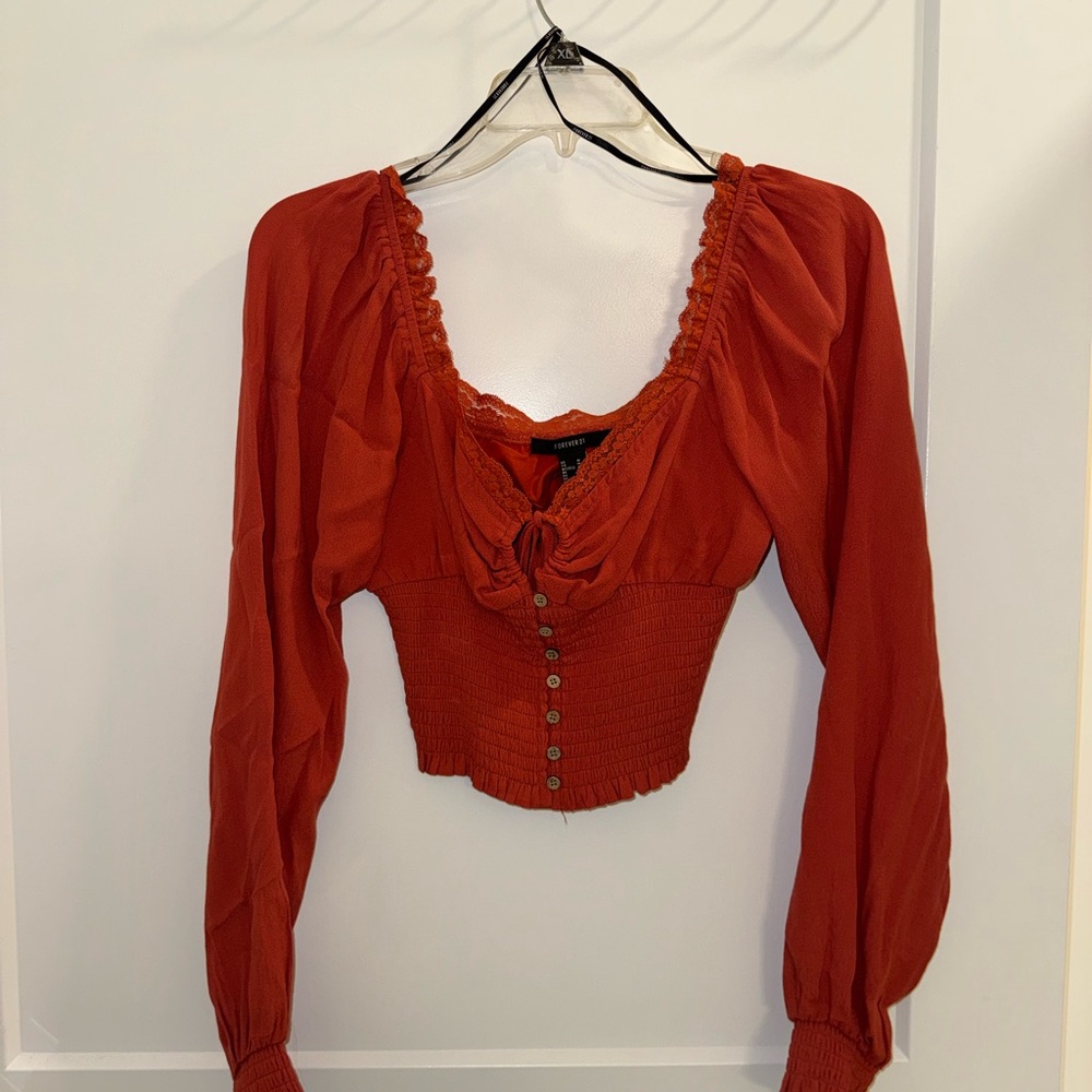 Rust Red Long-Sleeve Smocked Peplum Top
